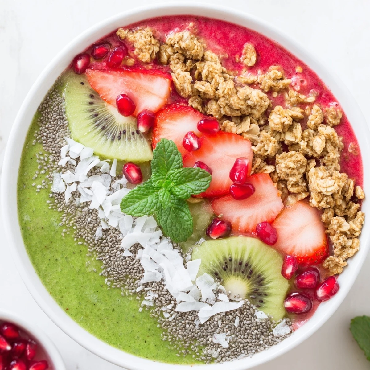 Enjoy the refreshing taste of these easy Festive Red and Green Smoothie Bowls with holiday flavors and textures.