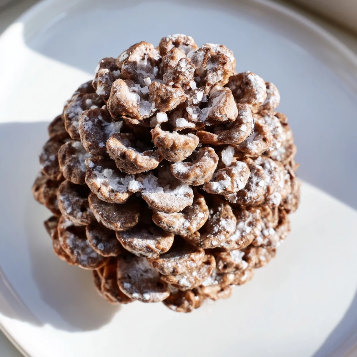 Close-up of delightful pinecone-shaped nut butter snacks dusted with powdered sugar, ready to eat.