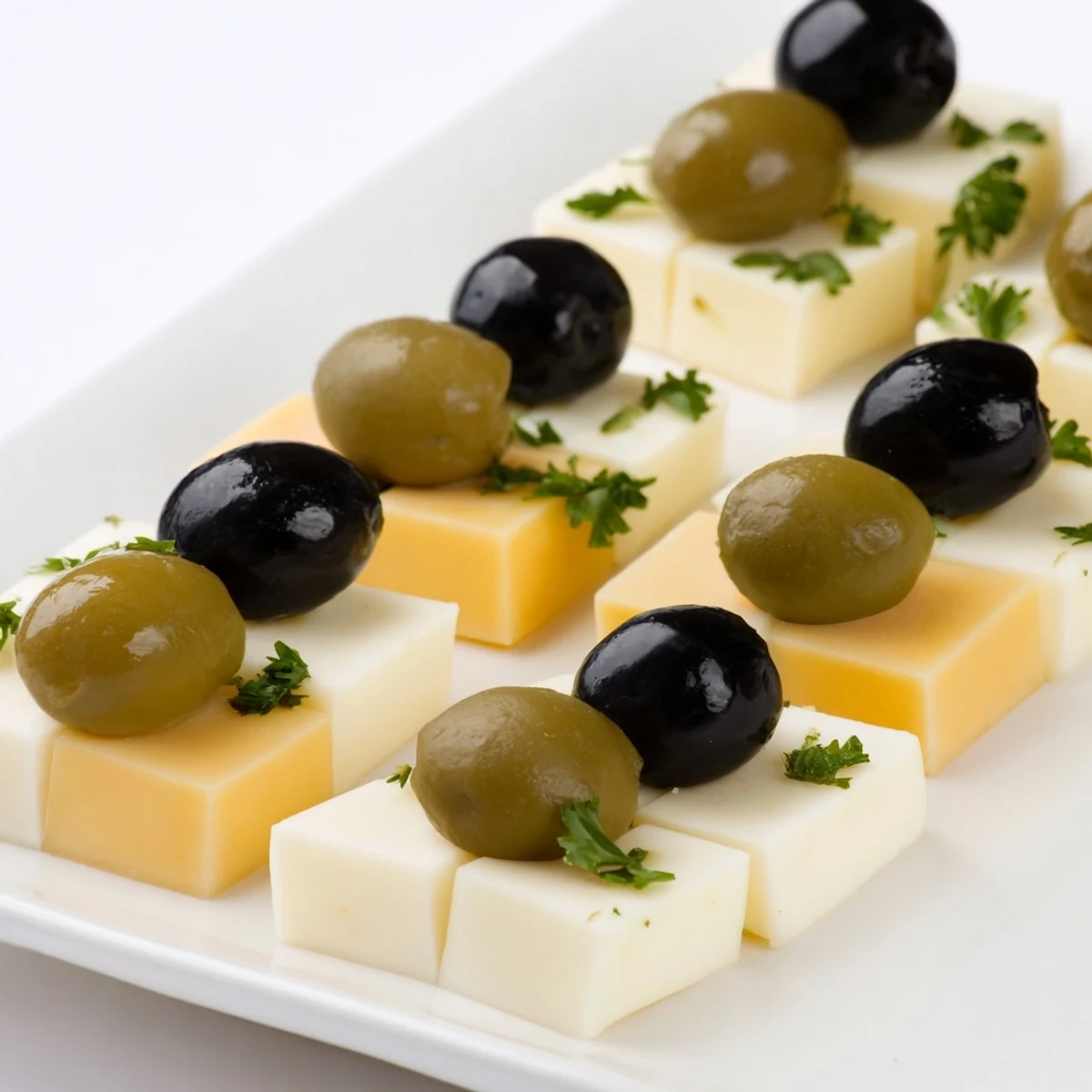 Freshly assembled cheese and olive chessboard, ideal for sharing, offering a delightful bite.
