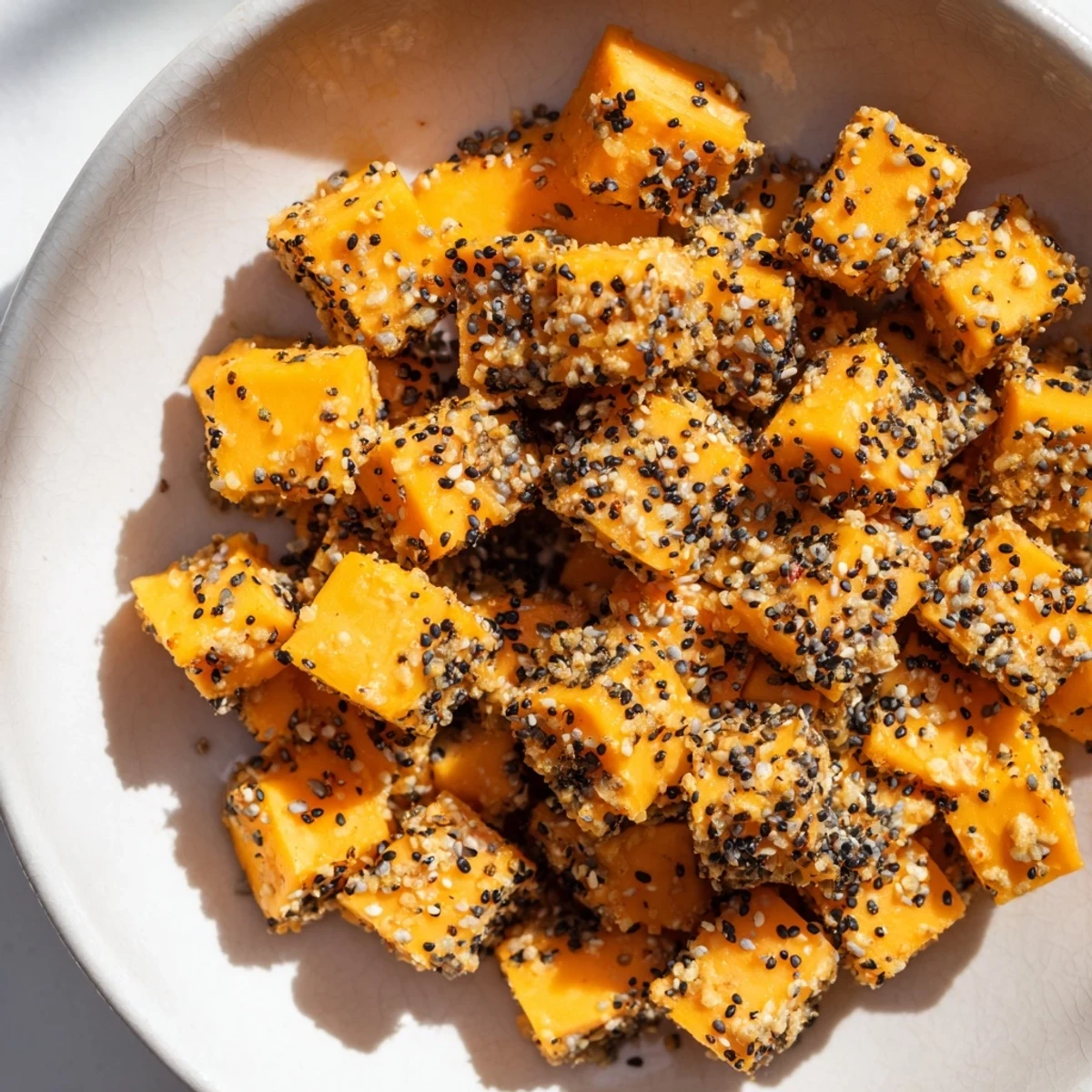 Golden everything bagel seasoning coats savory cheese cubes, ready to enjoy as a delicious Salty Bites appetizer.
