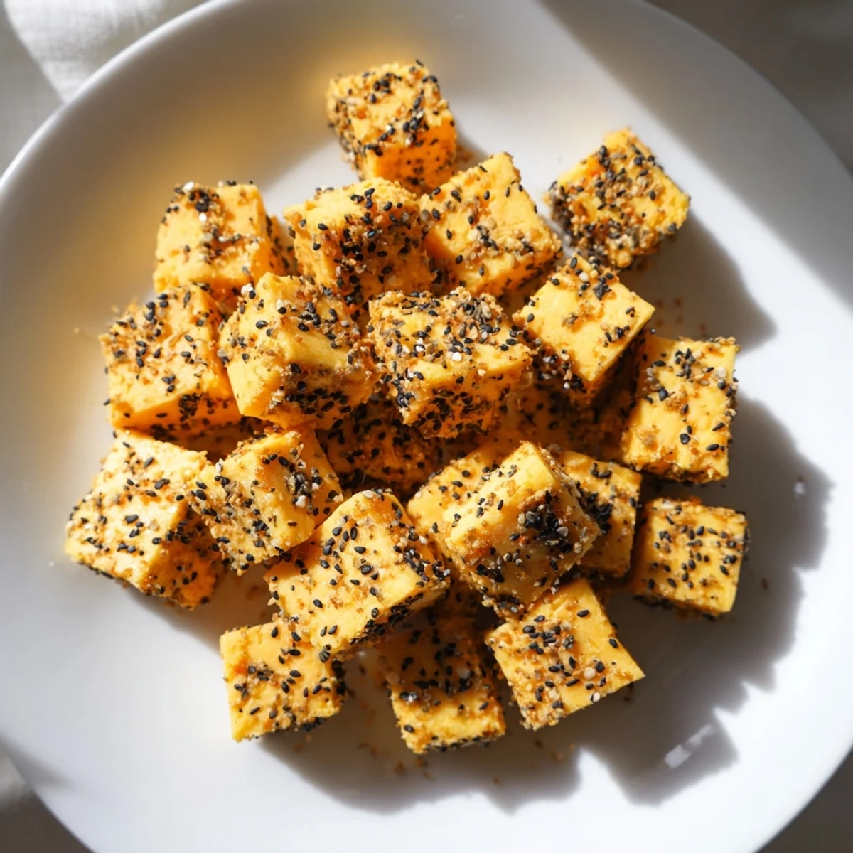 Close-up of freshly made Salty Bites: Everything Bagel Cheese Cubes ready to serve, perfect for any gathering.
