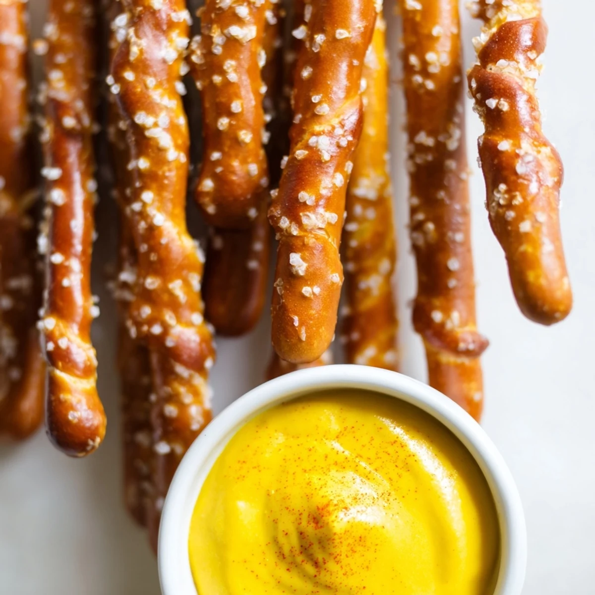 Crispy pretzel rods ready for dipping into a vibrant, homemade hot mustard dip for snacking.