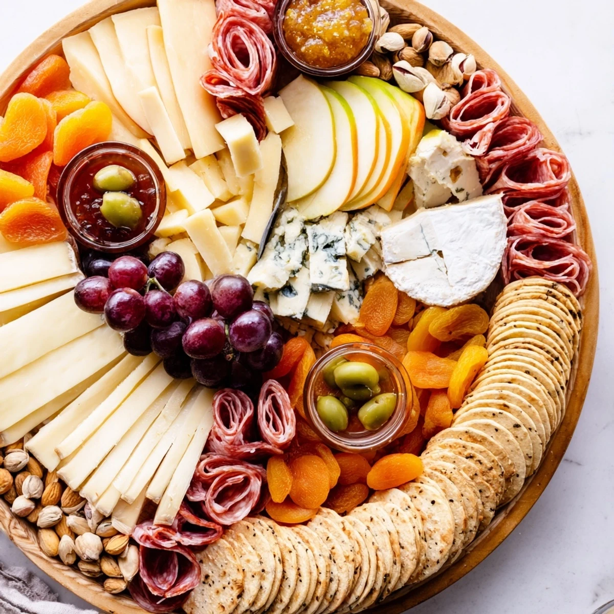 Elegant Gilded Edge cheese board: a vibrant assortment of cheeses and meats arranged decoratively along the rim.