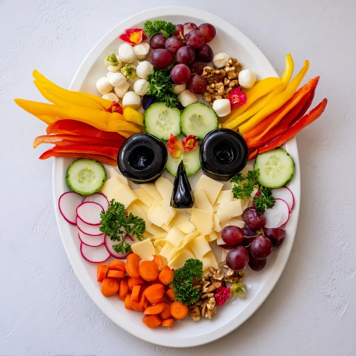 Elegant arrangement of The Masquerade Mask, a party appetizer with artistic fruit and cheese slices.