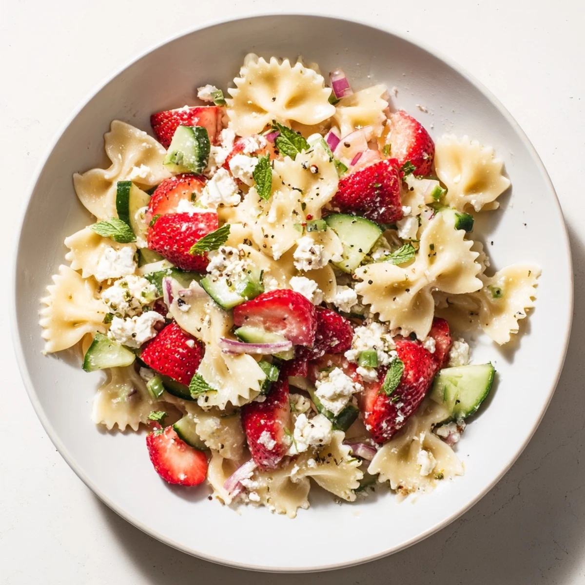 Delicious Strawberry Feta Pasta salad, a creamy, cool, and refreshing summer meal ready to enjoy!