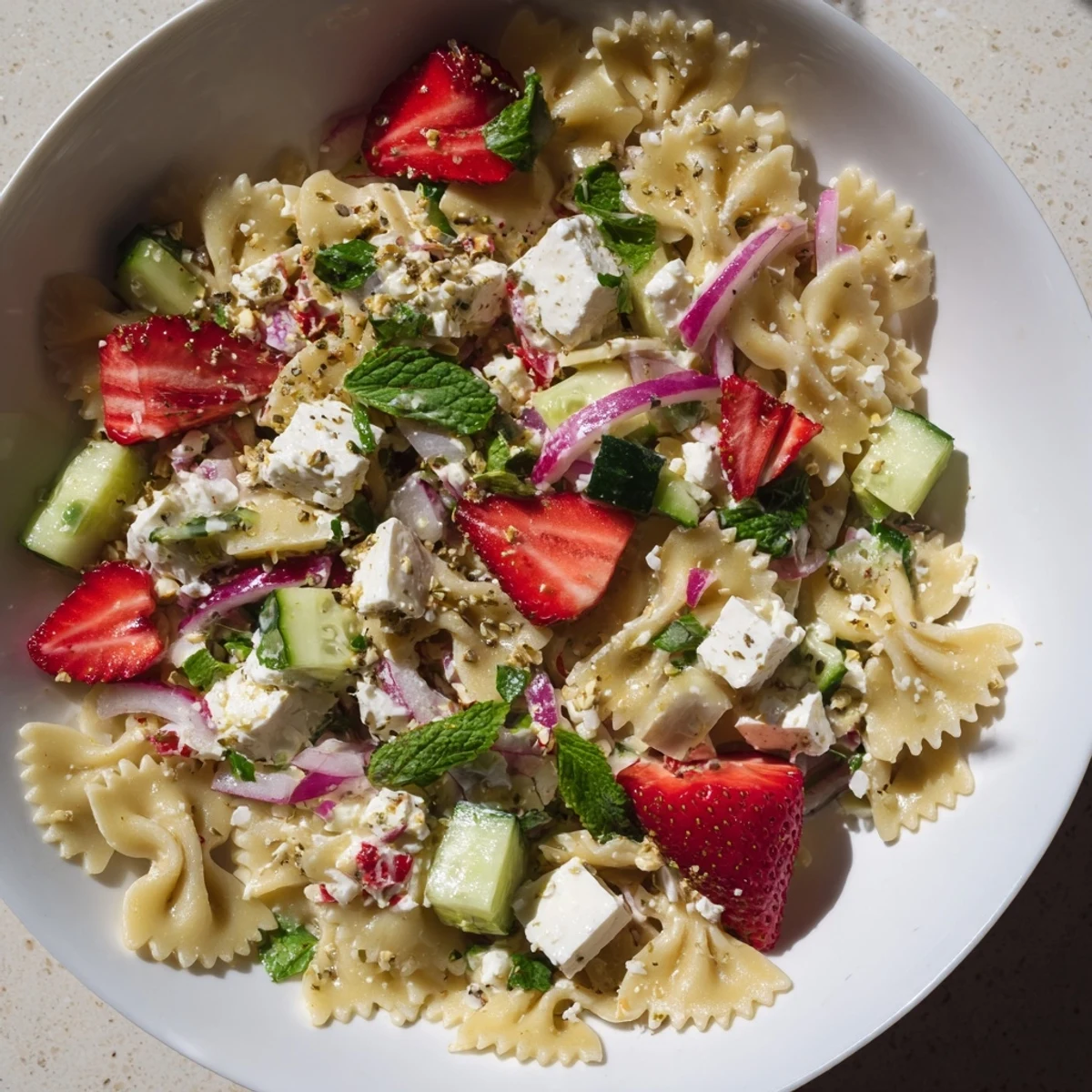 Cold and colorful plate of Strawberry Feta Pasta showcasing fresh strawberries, tangy feta, and pasta.