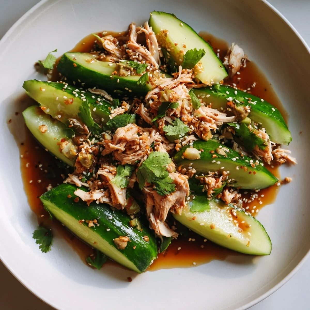 A close-up shot of a Whole Cucumber Logan Salad, ready to serve with sesame seeds and cilantro.