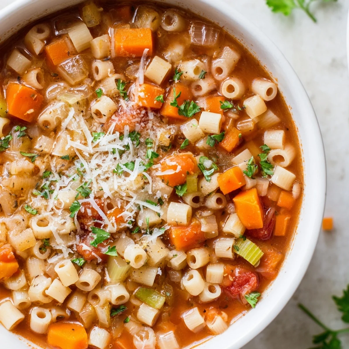 Hearty Ditalini and Lentil Soup, a rich vegetarian Italian dish ready to serve warm.