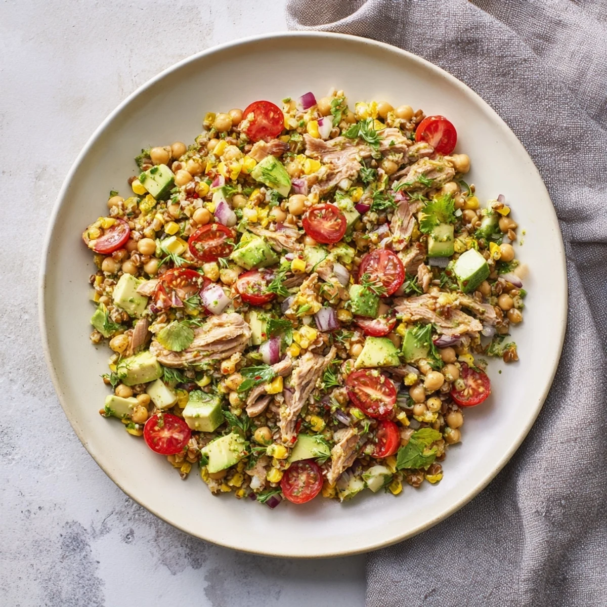 Freshly tossed Dense Chickpea and Tuna Salad, seasoned and vibrant, perfect alongside crusty bread.