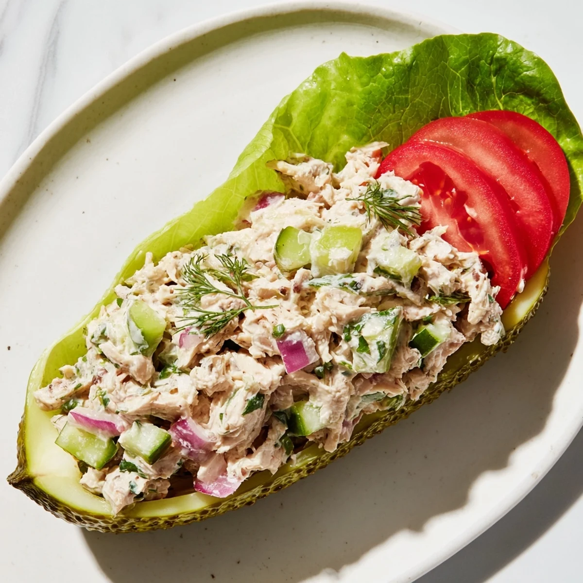 Juicy Pickle Sandwich with Chicken Salad, a refreshing low-carb main dish, ready to eat.