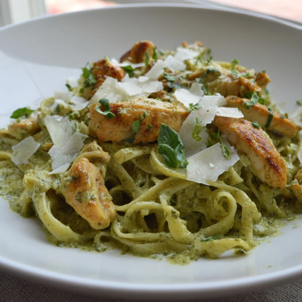 Golden chicken and pesto egg pasta: a flavorful, creamy meal topped with fresh basil and Parmesan.
