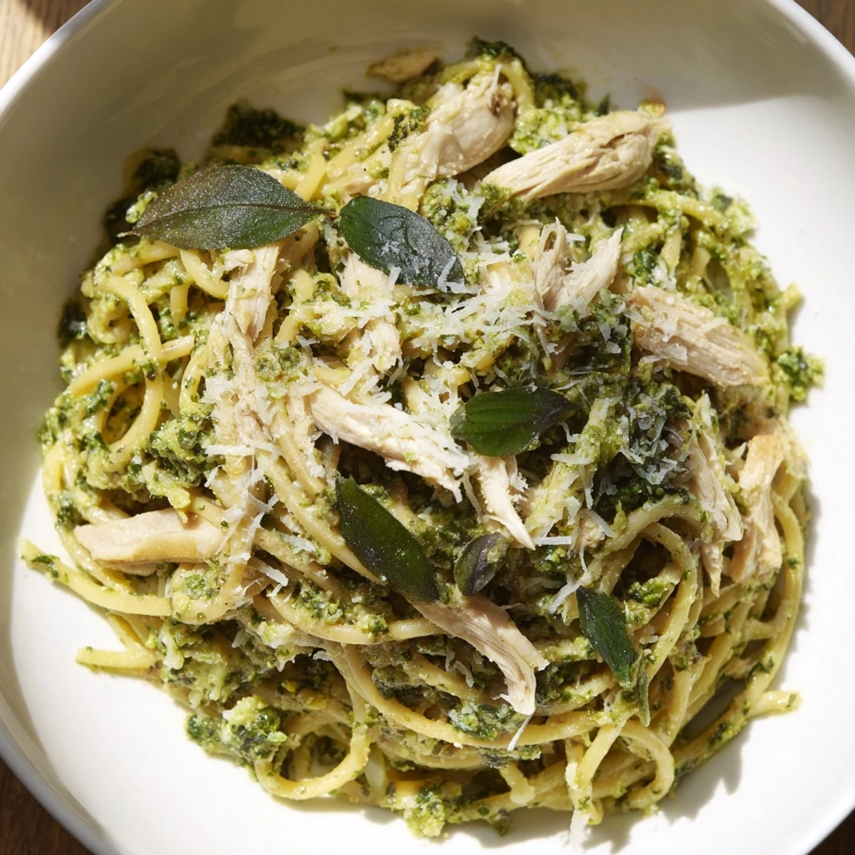 Vibrant pesto egg and chicken pasta ready to serve, featuring perfectly cooked pasta and tender chicken.