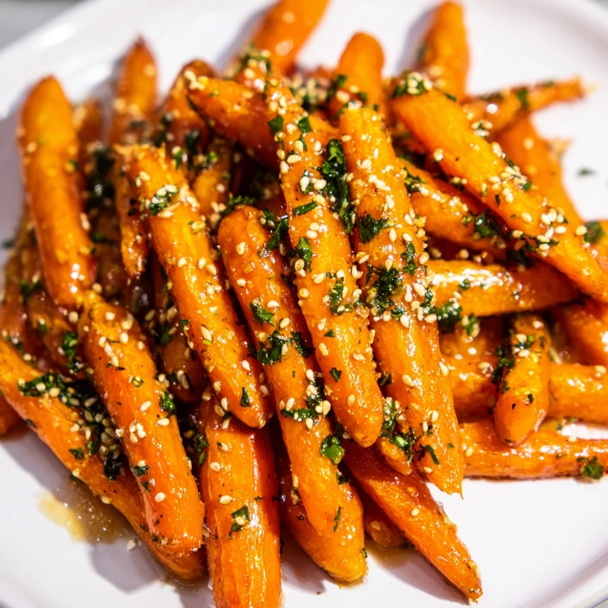 Golden brown maple mustard roasted carrots, ready to be served from a baking sheet.