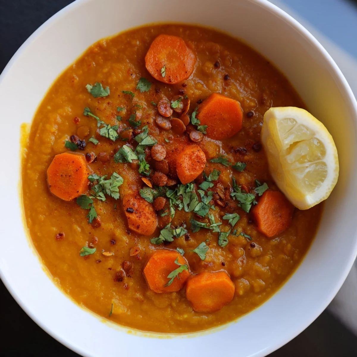 Steaming bowl of Spiced Carrot Lentil Soup, garnished with cilantro, ready to serve warm.