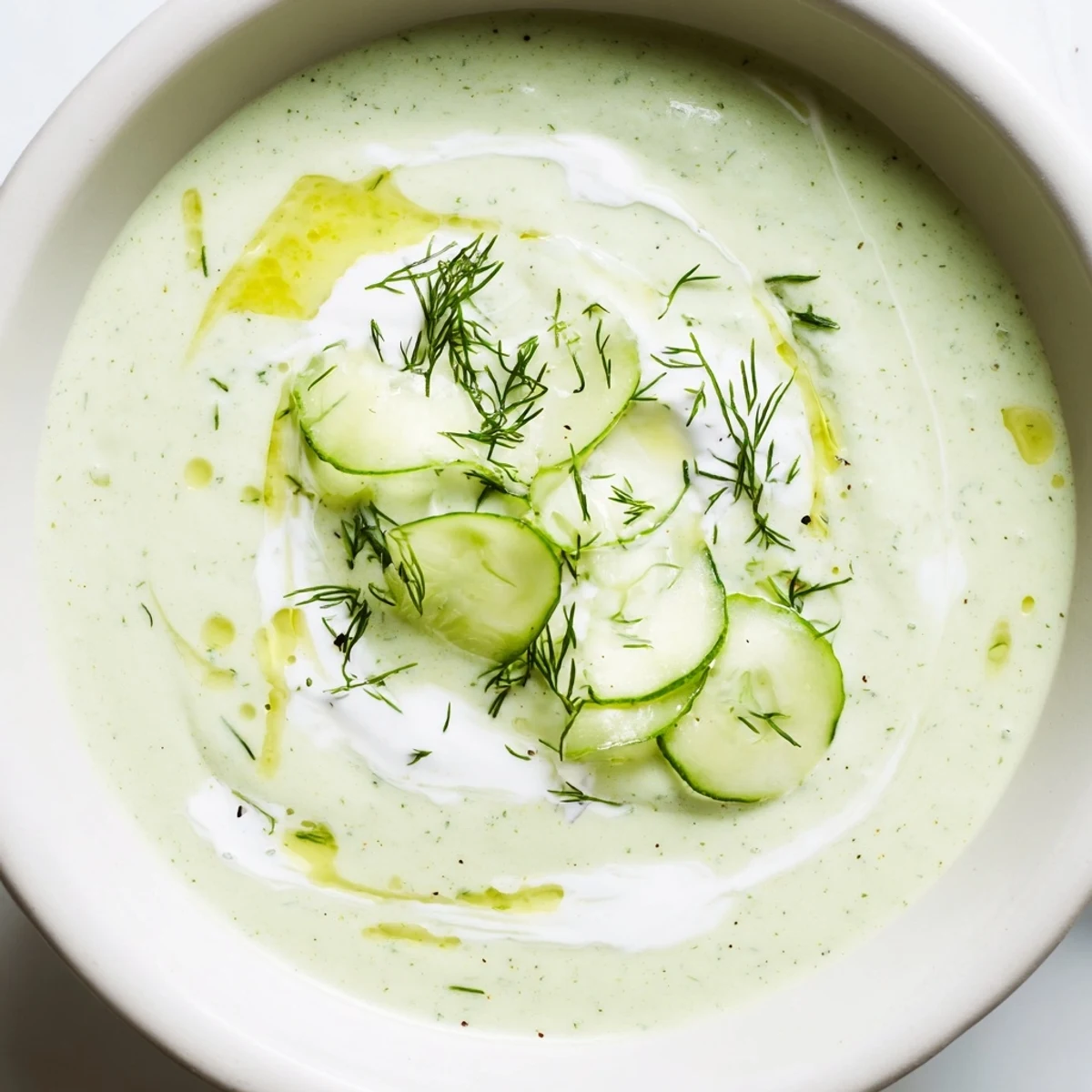 Chilled Cucumber Garlic Soup, a refreshing cold soup with creamy texture and vibrant green color.