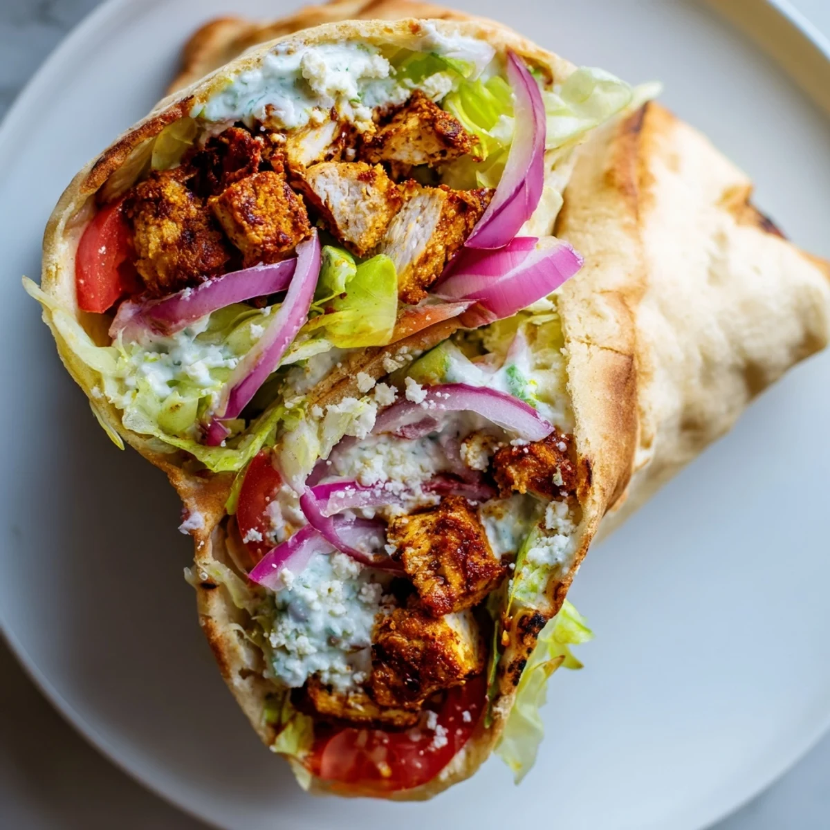 Golden grilled Greek chicken souvlaki wraps feature perfectly cooked chicken with a vibrant, refreshing tzatziki sauce.