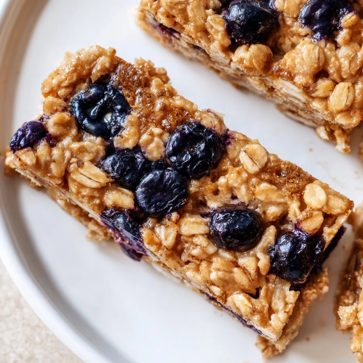 Golden-baked Blueberry Banana Oatmeal Protein Bars with visible blueberries, perfect for breakfast.