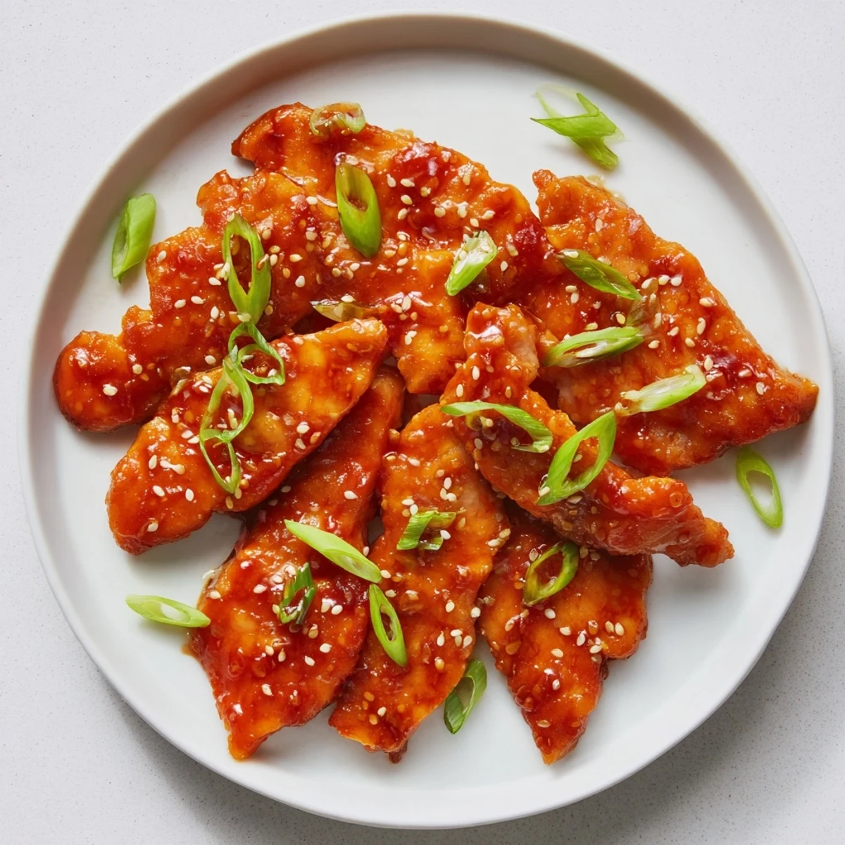 A close-up shot of the tender Sweet and Spicy Sriracha Honey Chicken, garnished with green onions and sesame seeds.