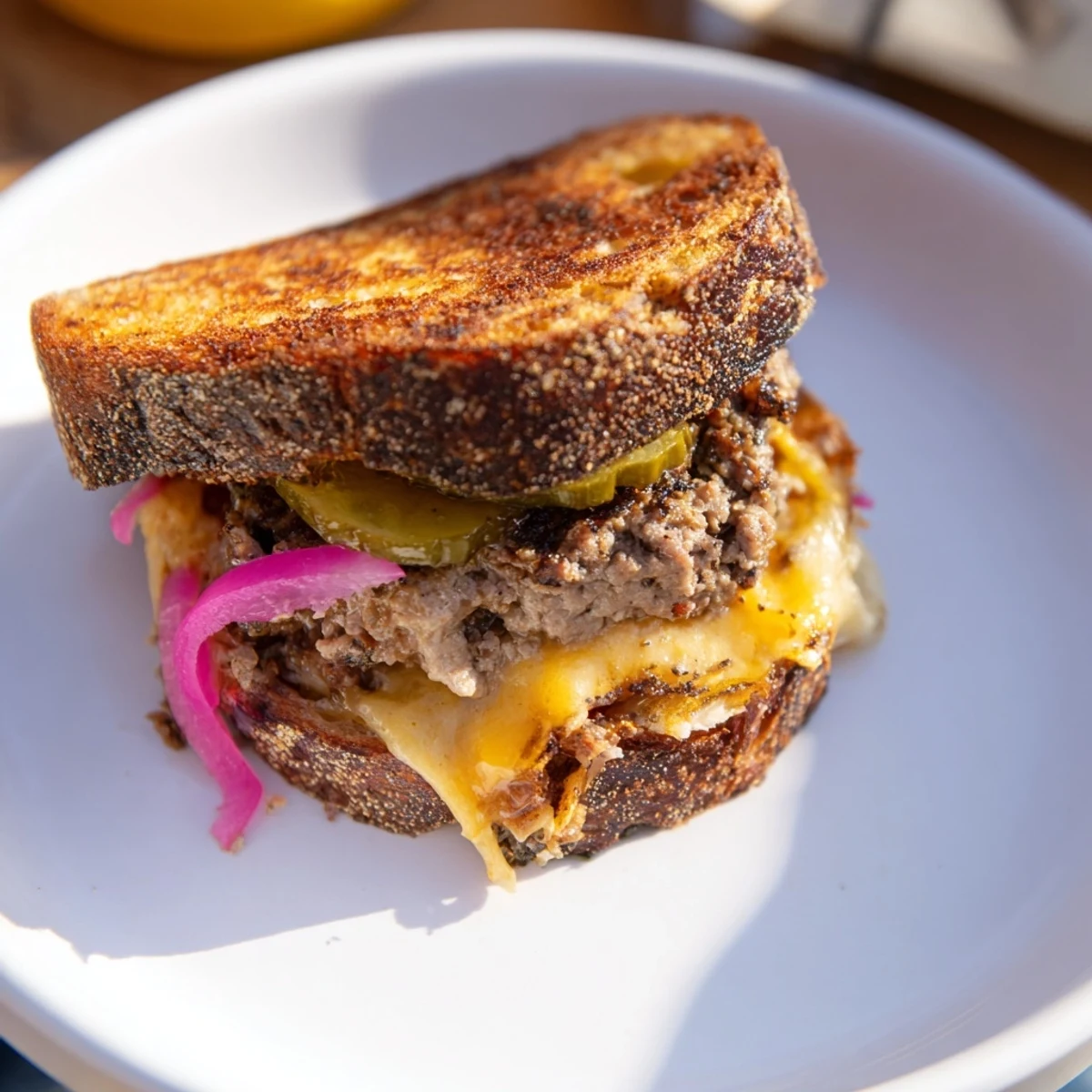 Golden, gooey Smashed Burger Grilled Cheese, a delicious comfort food combo of burger and sandwich.