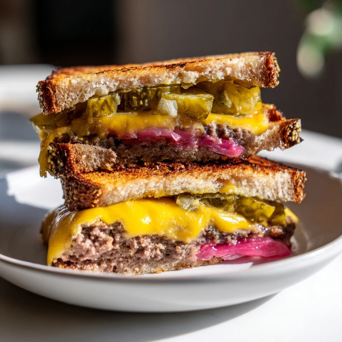 Melted cheese oozes from a Smashed Burger Grilled Cheese loaded with toppings served on a golden plate.