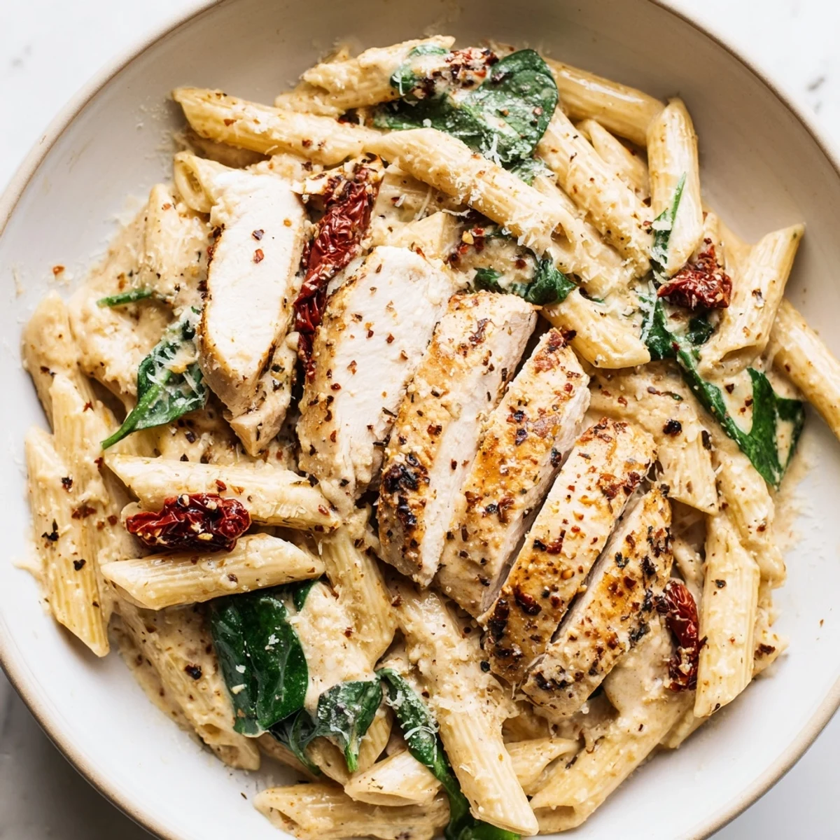 A close-up of creamy Tuscan chicken pasta, showcasing tender chicken with sun-dried tomatoes.