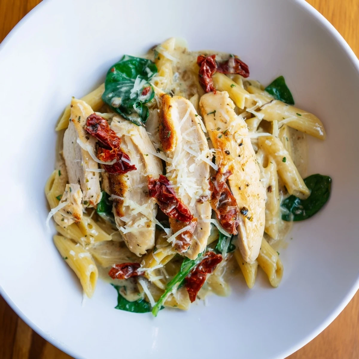 This flavorful creamy Tuscan chicken pasta is served in a bowl, perfect for a cozy dinner.