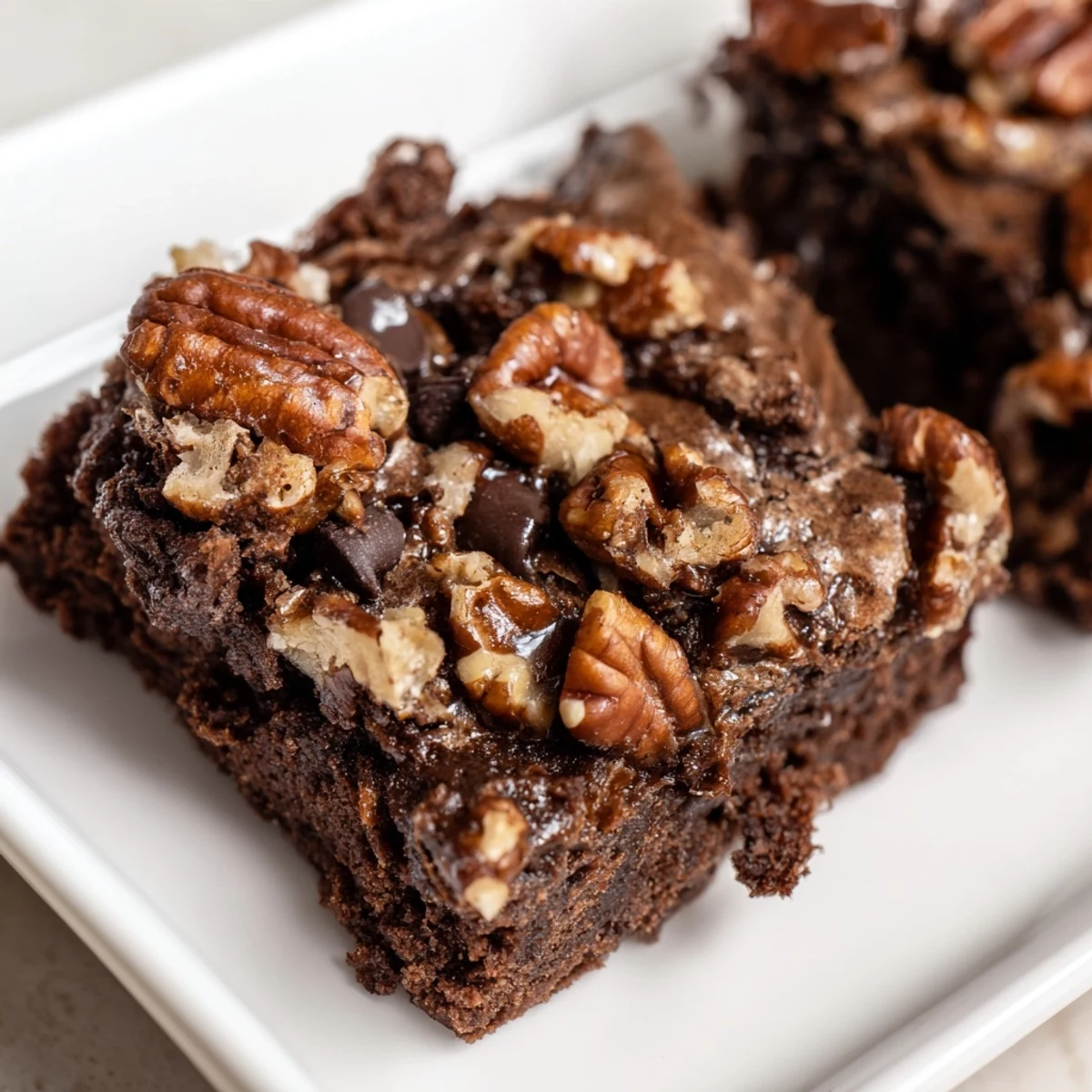 Warm, fudgy Greek Yogurt Brownies with melted chocolate chips, ready to slice and serve.