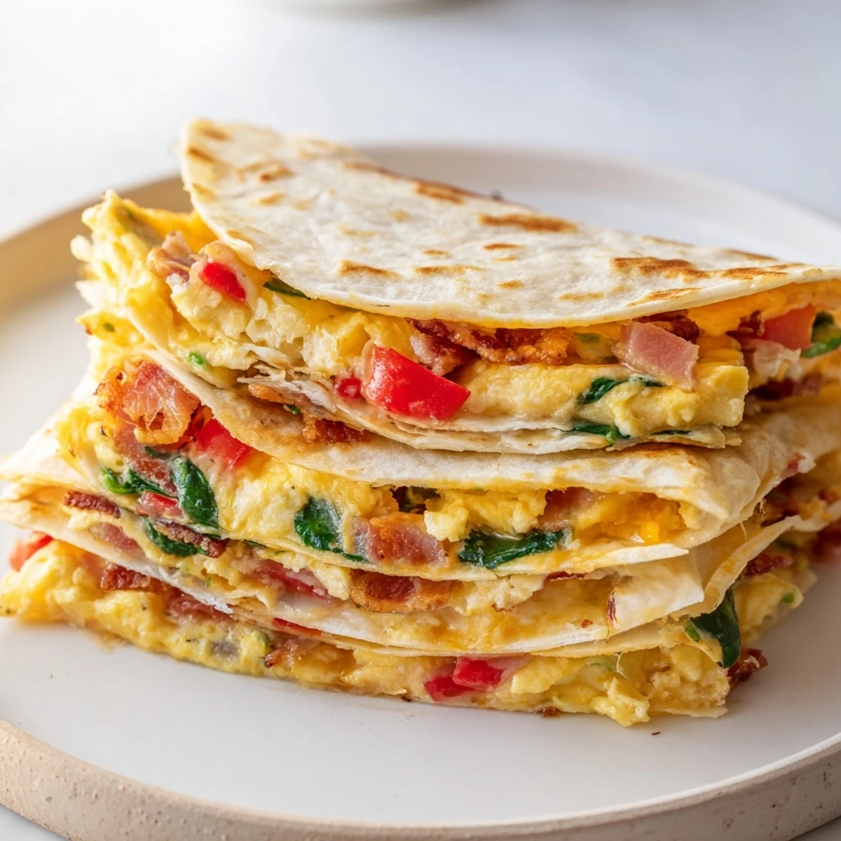 Golden, crispy Breakfast Quesadilla Hack featuring melted cheese, scrambled eggs, and bacon, perfect breakfast.