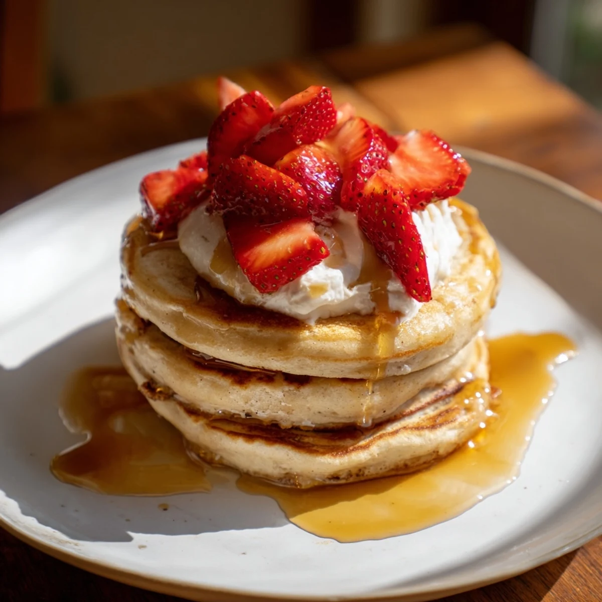 Golden, fluffy protein banana pancakes stacked high, ready to be enjoyed with fresh fruit.