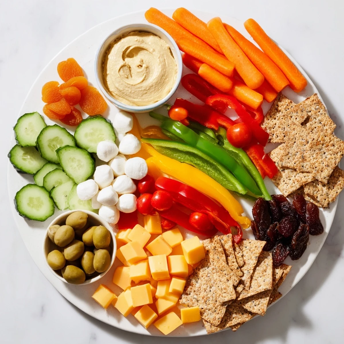 Vibrant Veggie Snack Board on a wooden platter, perfect adult Lunchable with fresh dips and cheeses.