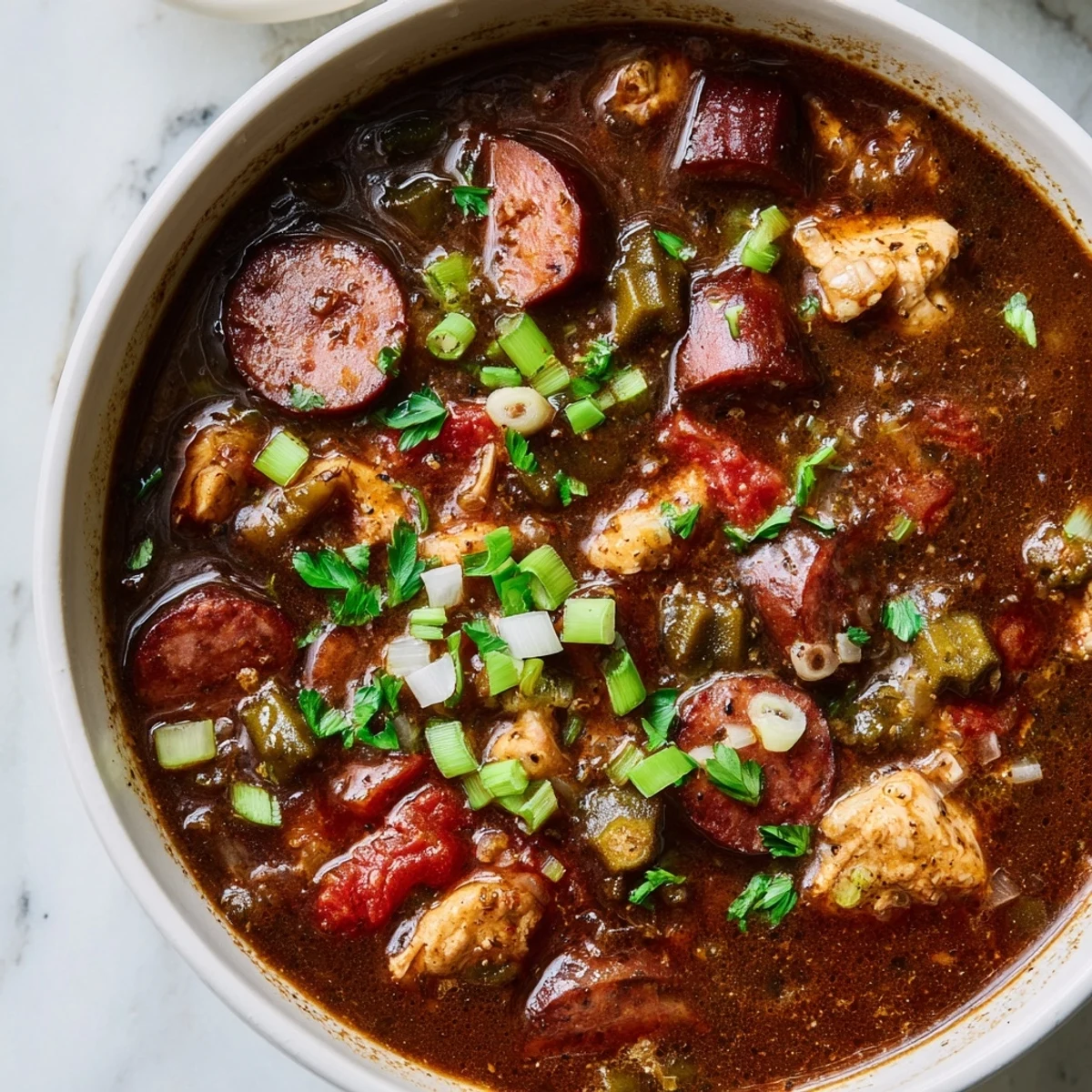 Steaming Gumbo Okra Soup, a flavorful Cajun stew with tender chicken, sausage, and okra.