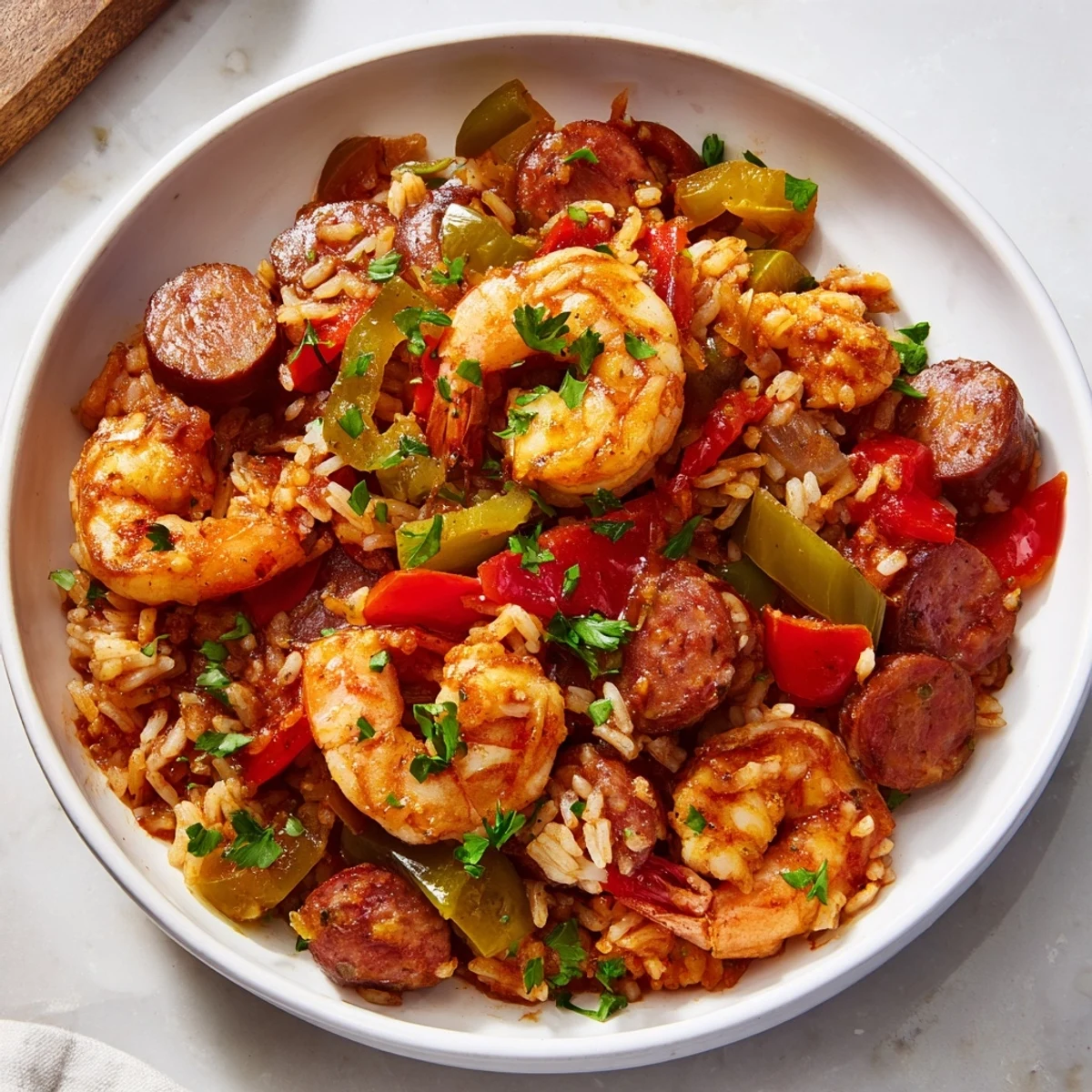 Delicious, smoky Jambalaya Skillet with shrimp, sausage, and bright vegetables simmering in a flavorful sauce.