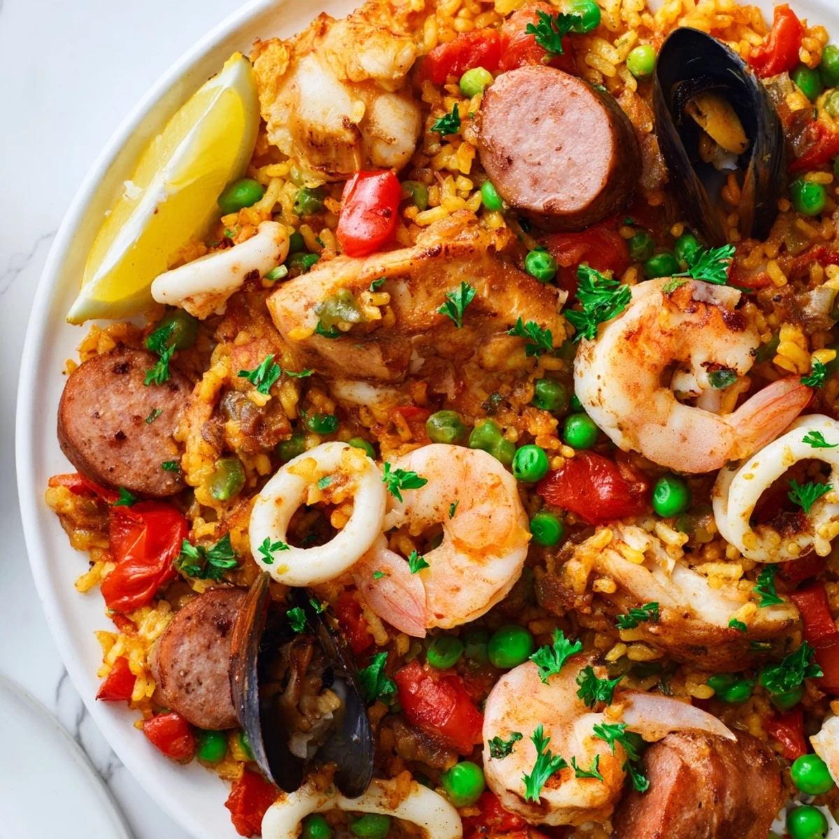 Steaming paella Spanish rice, aromatic and golden, showcases plump shrimp and mussels, ready to serve.