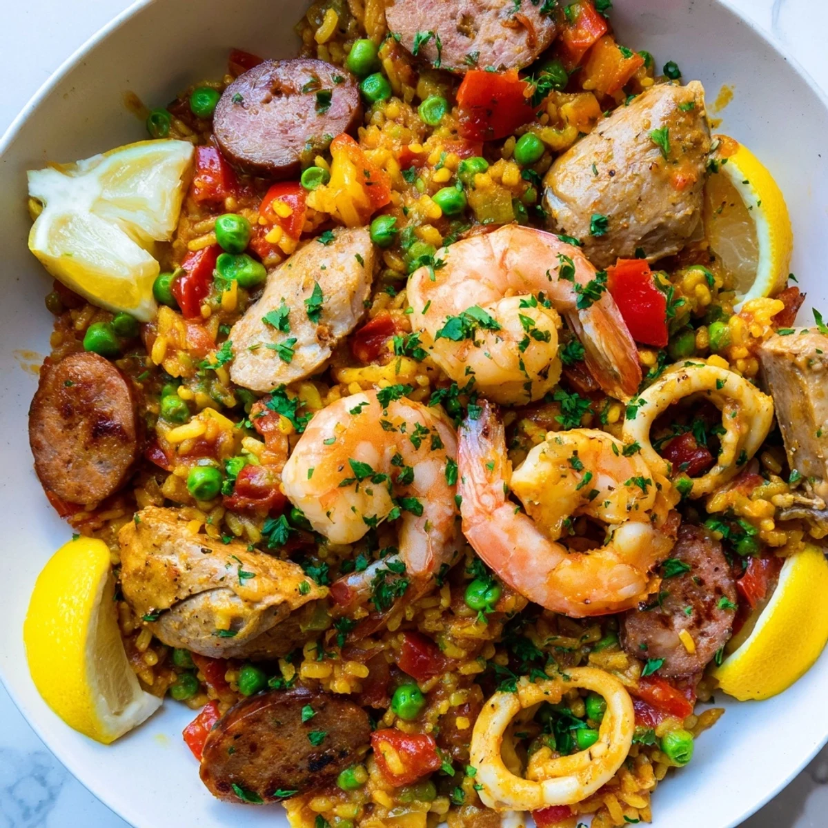 Aromatic saffron-infused paella Spanish rice with glistening seafood, showcasing a hearty meal for gatherings.