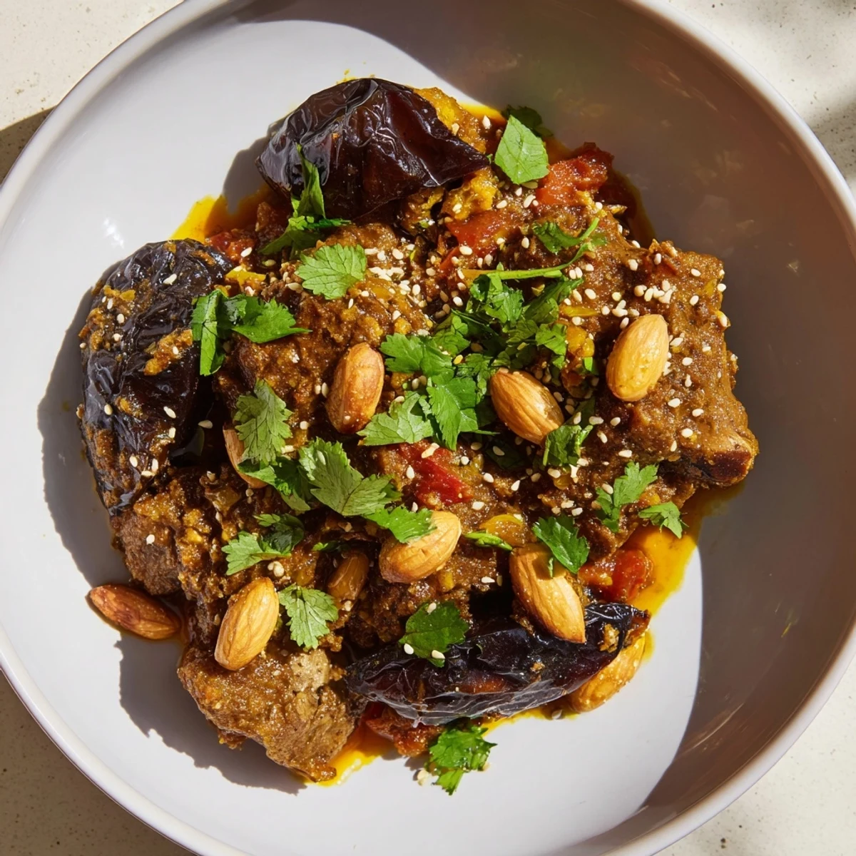 Garnished Moroccan Lamb Tagine with sesame seeds and herbs, ready to be served with fluffy couscous.