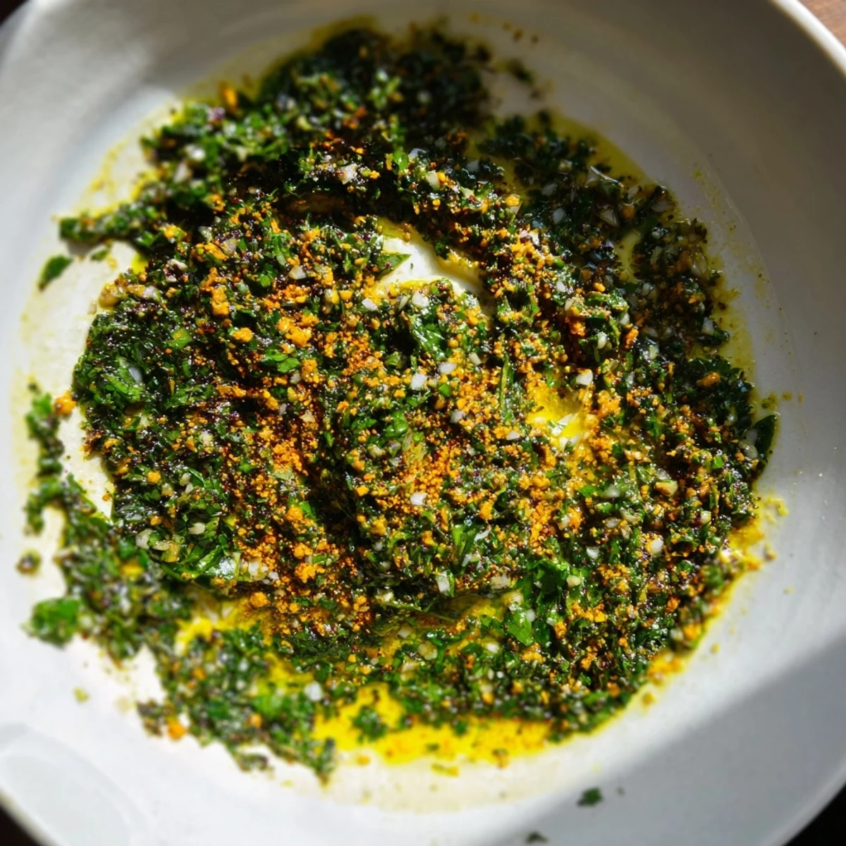 Golden-hued olive oil coats the aromatic ingredients of Moroccan Chermoula Marinade, a delicious North African specialty.