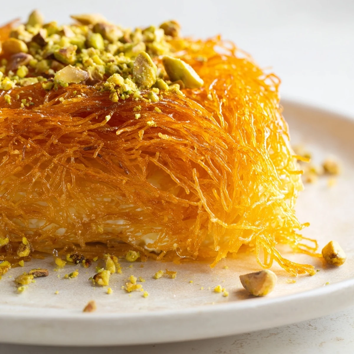 Golden-brown Lebanese Knafeh, a decadent dessert served warm and drizzled with sweet syrup.