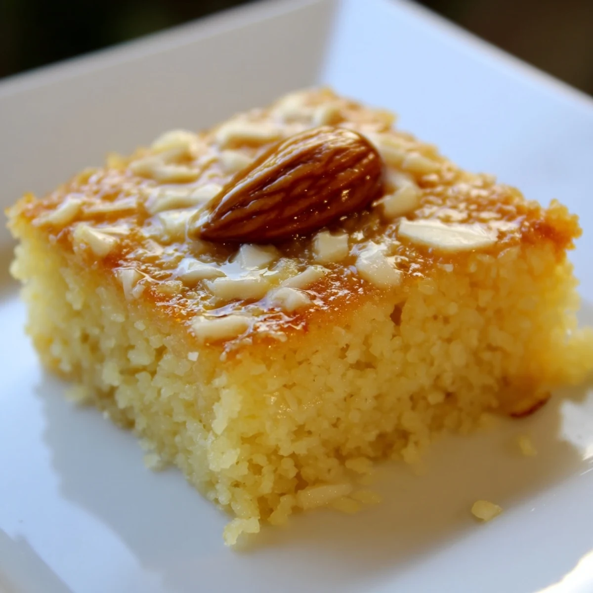 A close-up shot of golden-brown Egyptian Basbousa, sprinkled with coconut flakes and glazed with syrup.