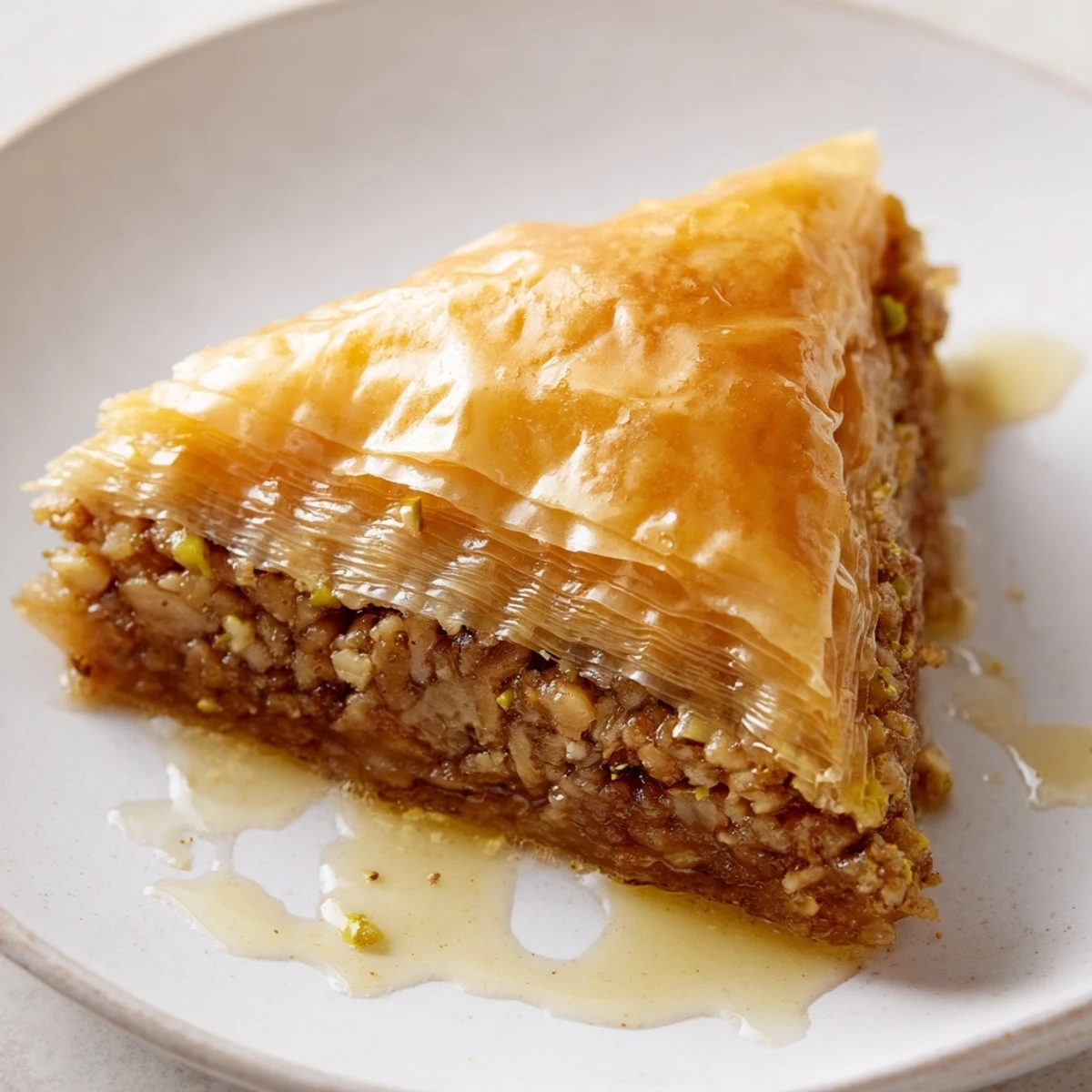 Golden, flaky Turkish Baklava drizzled with fragrant honey syrup, a traditional sweet pastry.