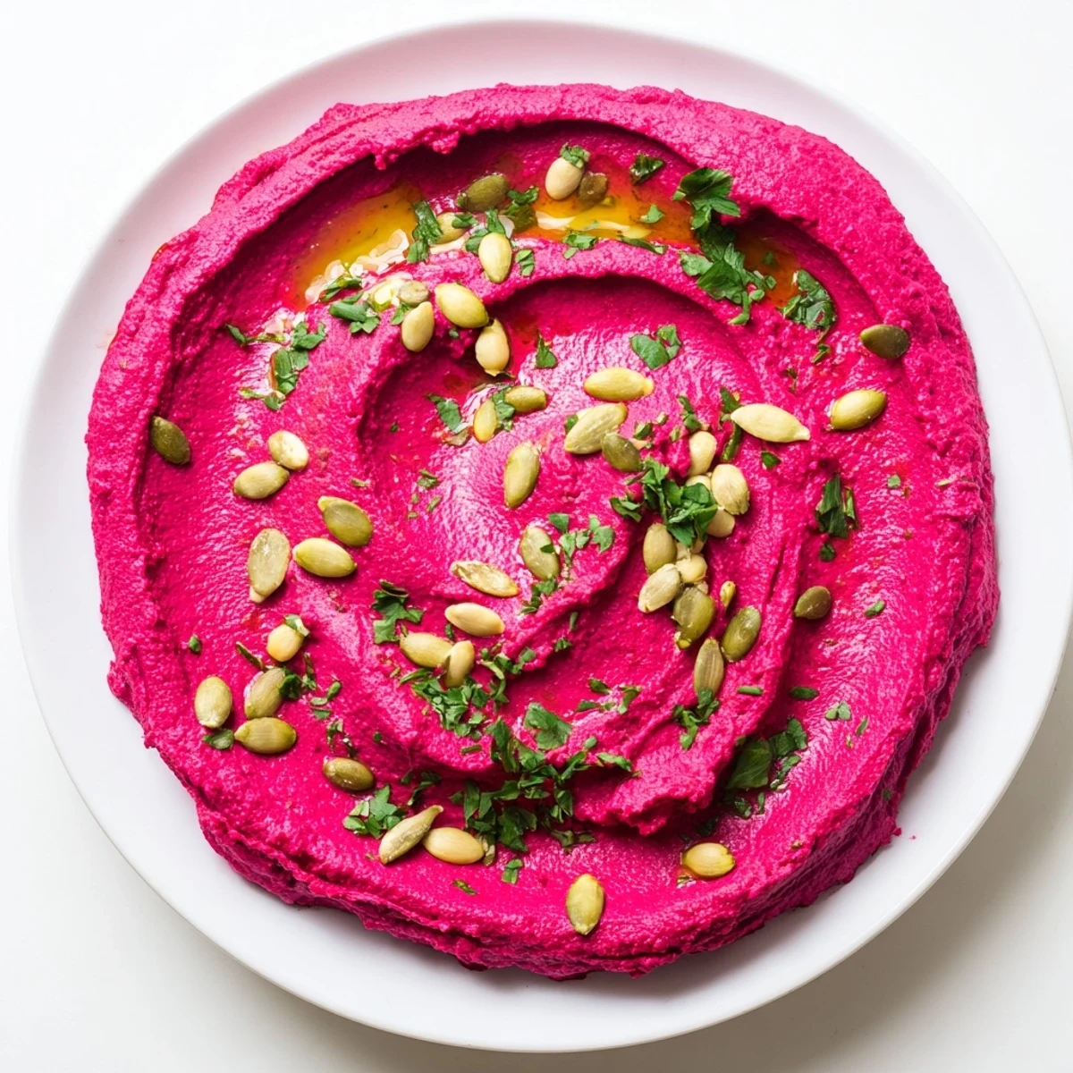 This vibrant pink beet hummus is garnished with olive oil, toasted pumpkin seeds, and fresh parsley in a rustic bowl.