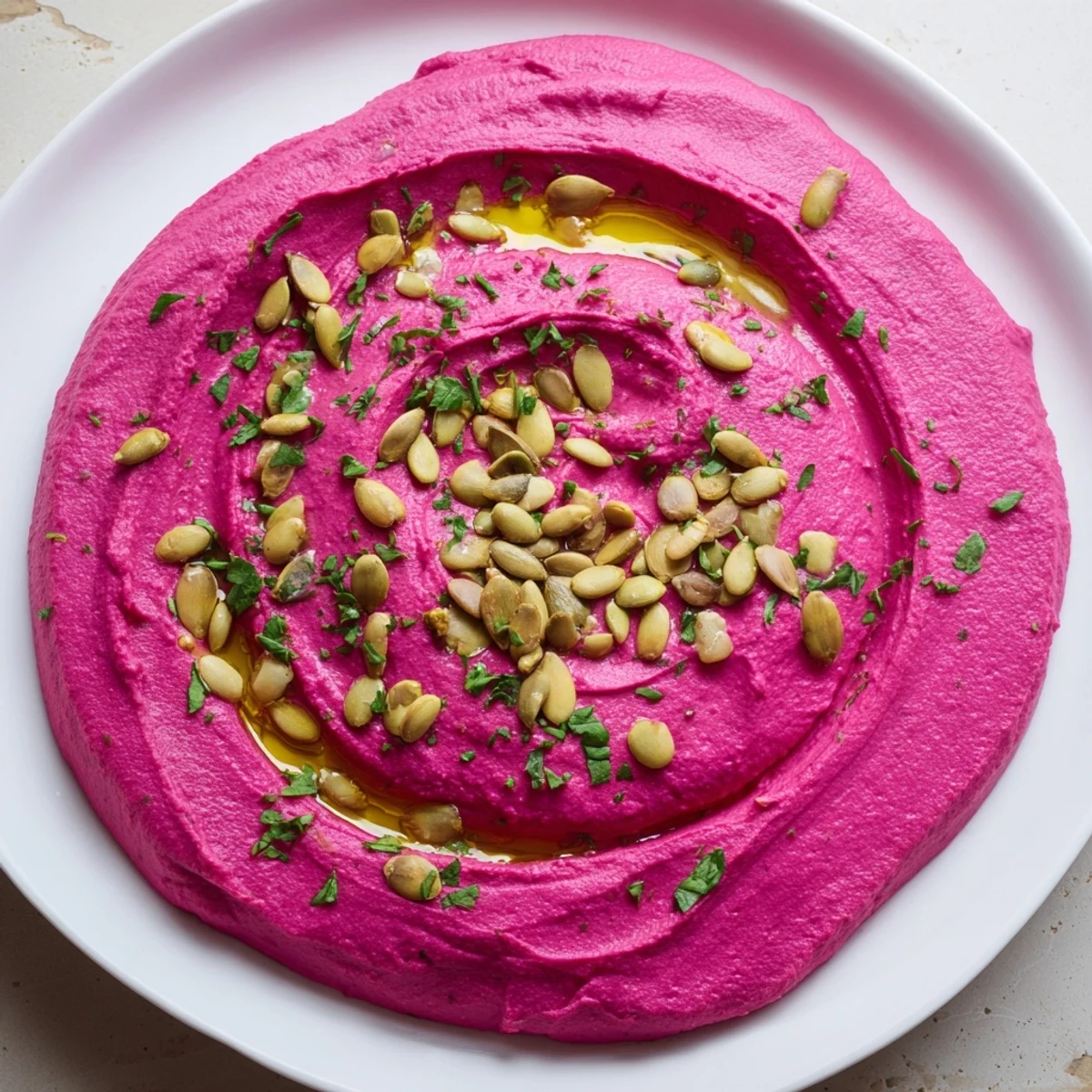 A creamy roasted beet hummus dip served with crisp pita chips and colorful fresh vegetables for a healthy appetizer.