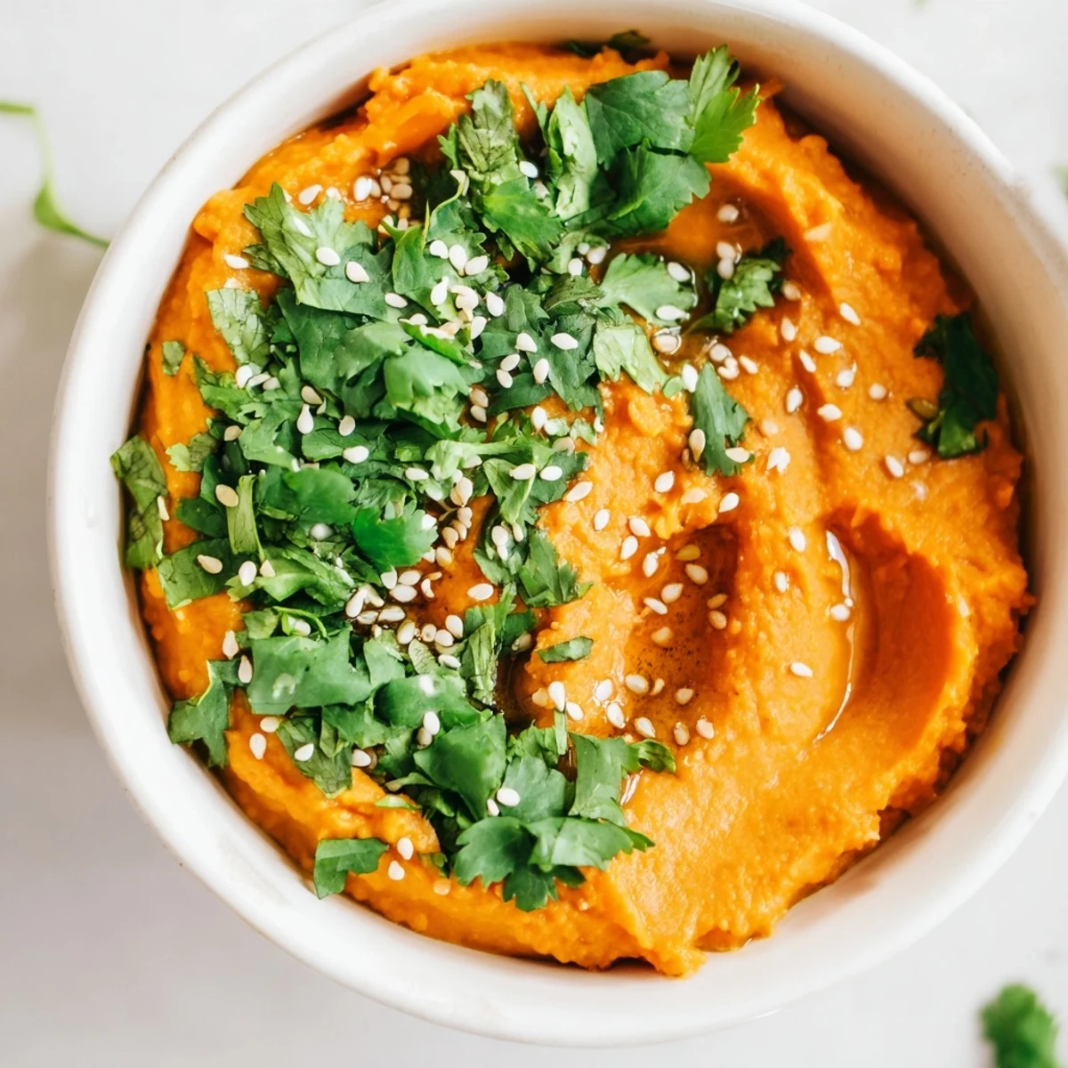 Creamy Carrot Ginger Dip garnished with fresh cilantro and sesame seeds, served with crisp pita chips and colorful vegetable sticks on a rustic board.