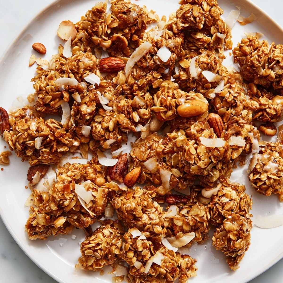 Homemade granola clusters cooling on a sheet pan, showcasing crunchy texture and golden-brown honey coating.