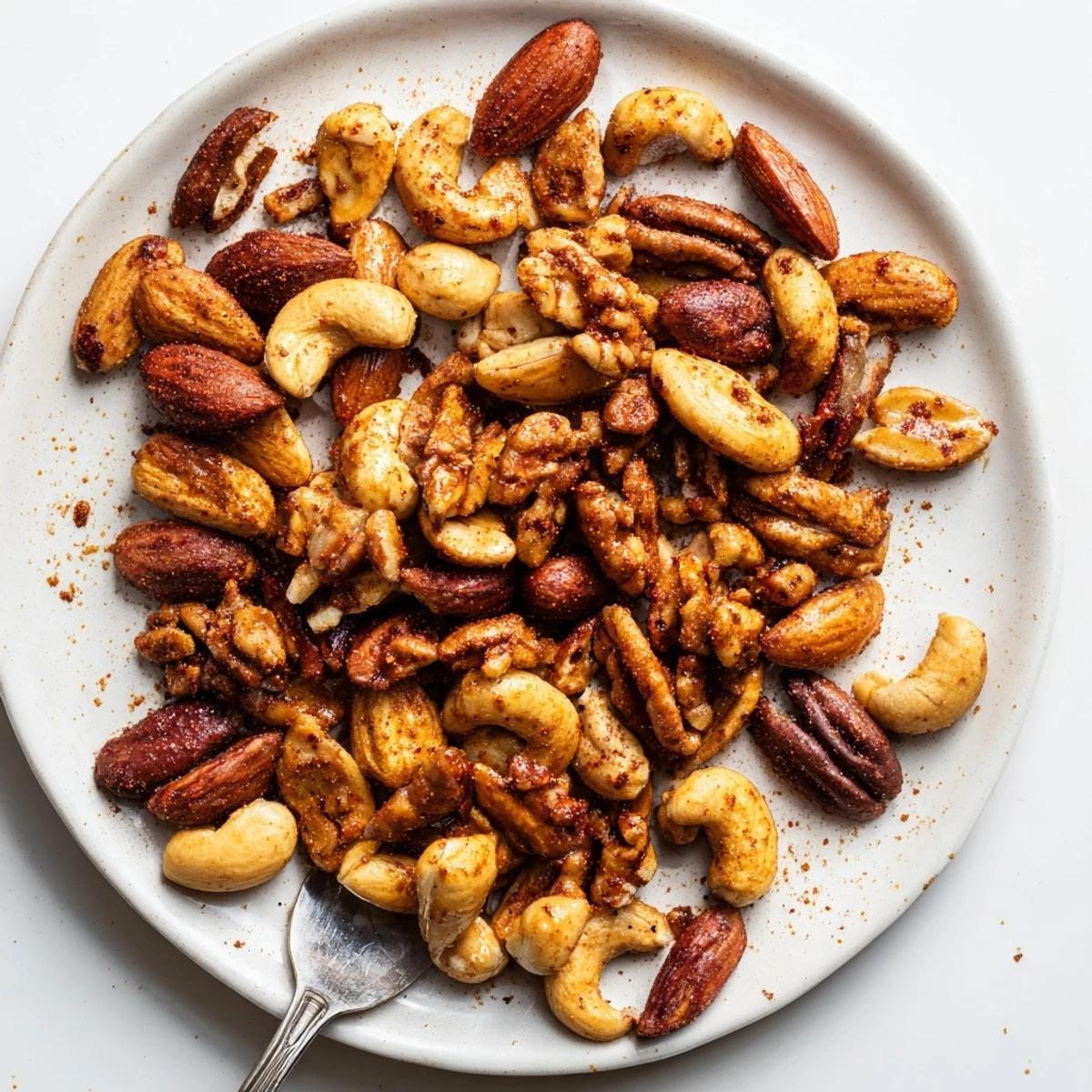 A close-up of golden Spiced Nuts Mix, glistening with honey and spices, served in a rustic bowl.  
