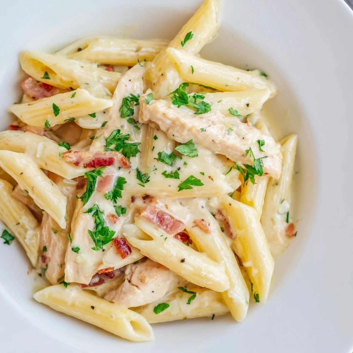 A generous serving of Creamy Chicken Bacon Penne on a rustic table, garnished with chopped parsley and a glass of white wine.