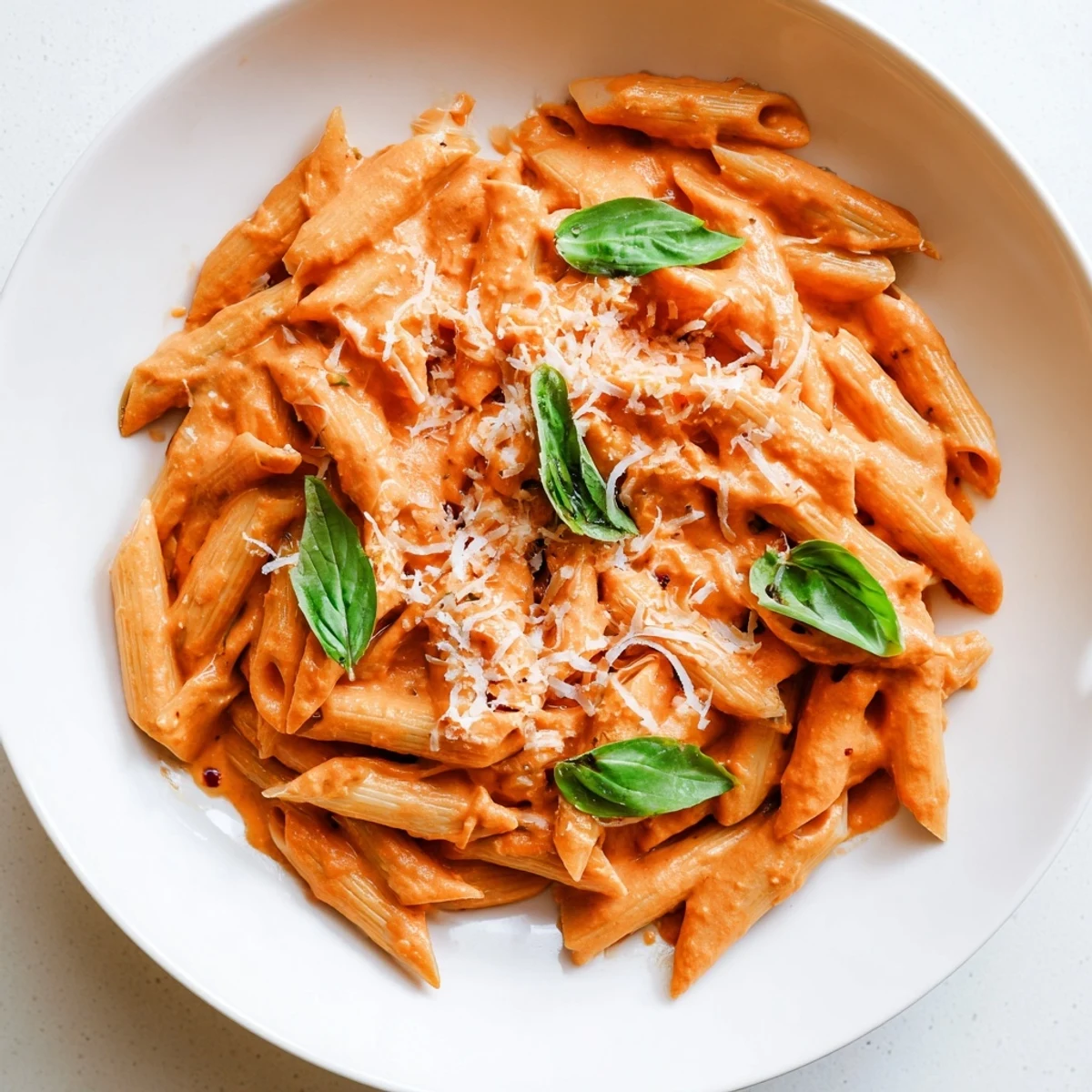 Roasted red pepper pasta served with a crisp salad, Parmesan, and basil garnish.