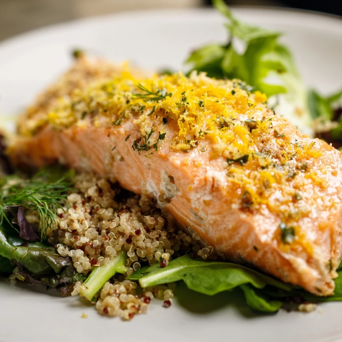 Vibrant Lemon Herb Salmon Salad plated with mixed greens, herbs, and quinoa, drizzled with a bright, tangy citrus dressing.
