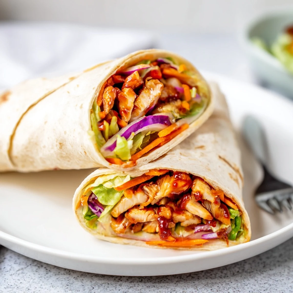 A close-up view of a Honey Sriracha Chicken Wrap cut in half, revealing layers of tender glazed chicken, julienned carrots, and fresh cilantro inside.