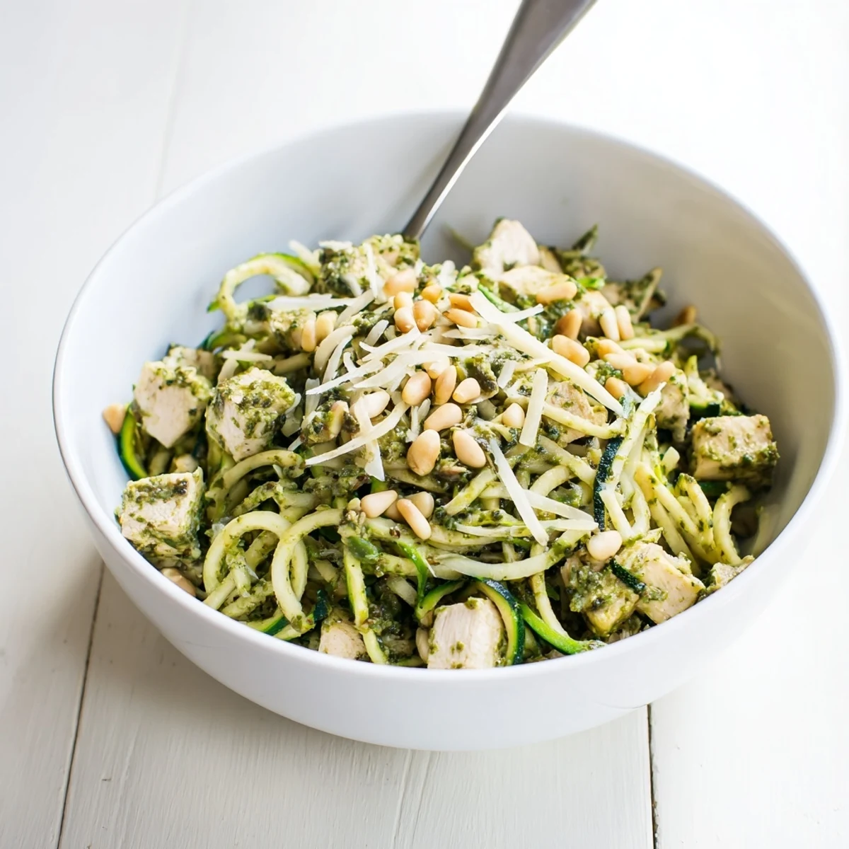 A close-up of Pesto Zucchini Chicken Bowl garnished with grated Parmesan and toasted pine nuts.