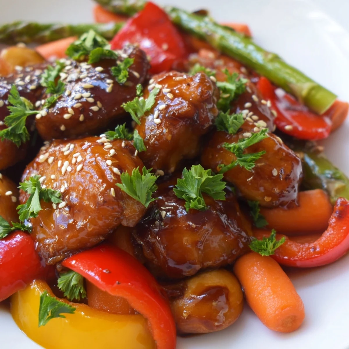 Freshly roasted Sheet Pan Honey Garlic Chicken and colorful veggies are garnished with green parsley and sesame seeds on a rustic wooden board.